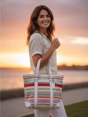 Coach Stripe Canvas Tote Pastel Multicolor Leather Trim Shoulder Bag